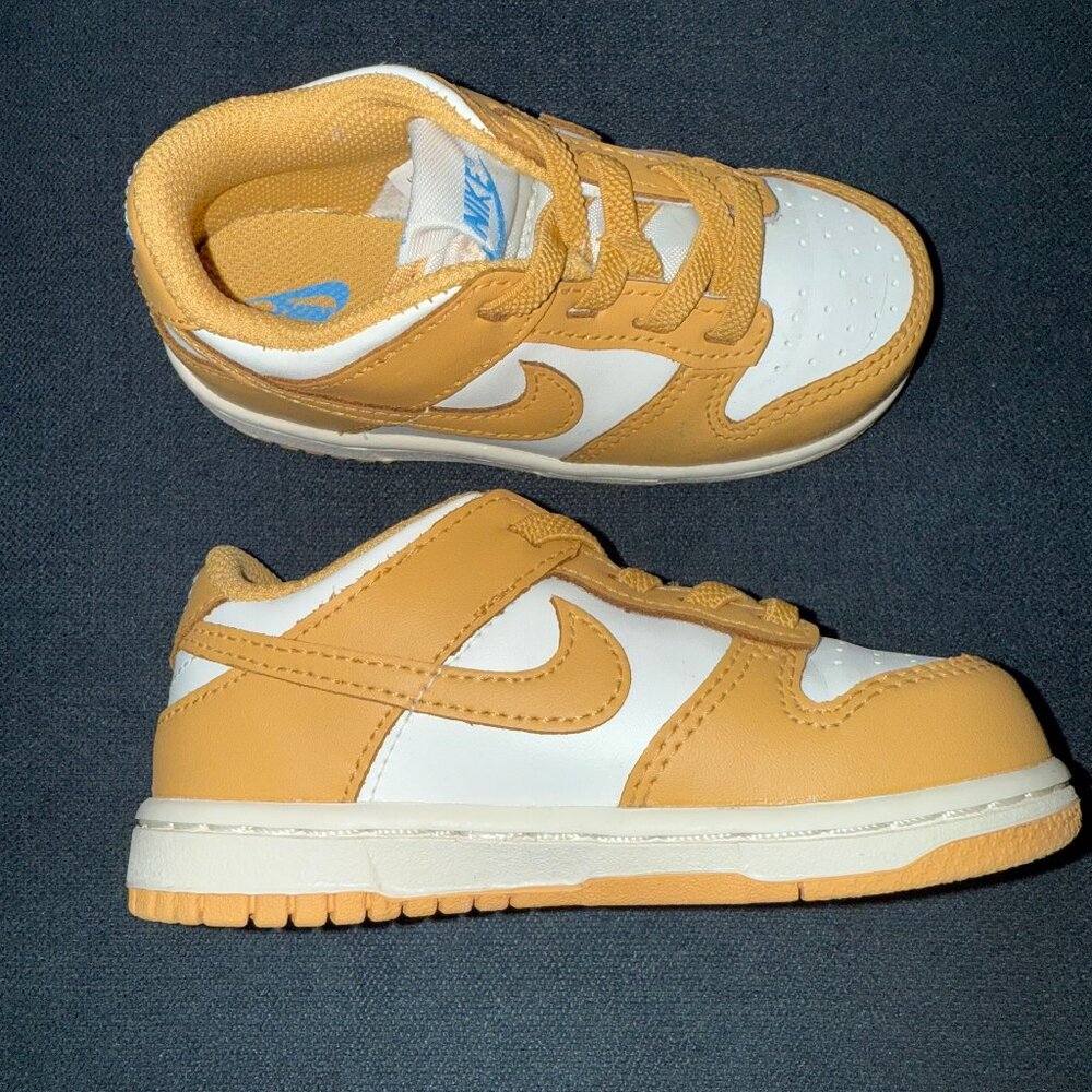 Mustard Colored Kids Low Top Nike Dunks Size 8C